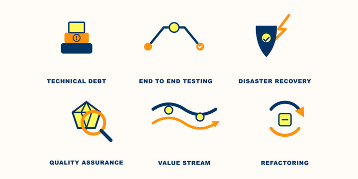 Set of flat design icons illustrating common software development project processes.
