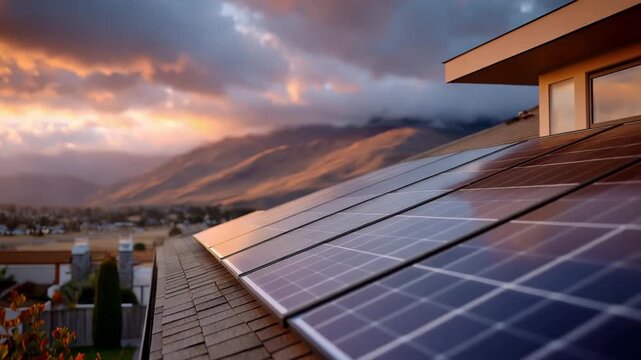 Solar panels on rooftop in urban area during sunset with mountains in background creating power for homes and businesses