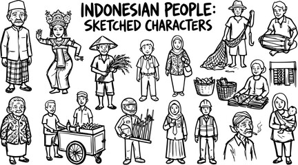 Fototapeta premium Indonesian People Sketched Characters Diverse Cultural Professions Black and White Line Art