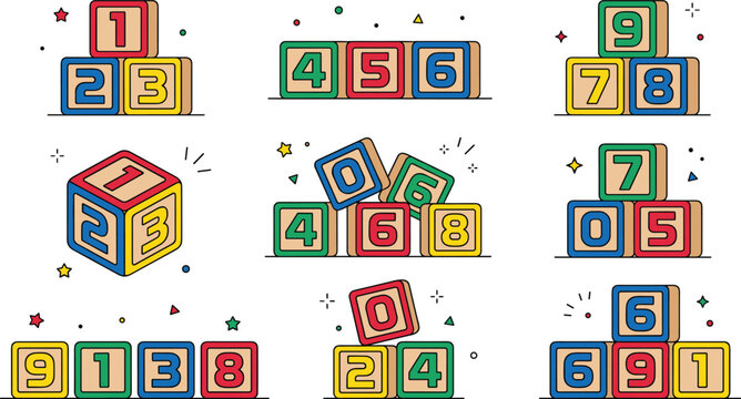 Colorful Number Blocks Vector Collection with Educational Toy Cubes, Preschool Learning Bricks, and Kids Counting Illustrations for School Designs