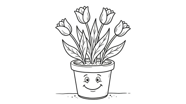 Cute smiling potted cactus with flowers in a clay pot isolated