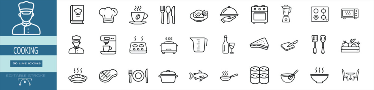 Cooking kitchen appliances restaurant web line icons set culinary recipe menu book professional chef hat avatar electric espresso coffee maker & more vector with editable stroke