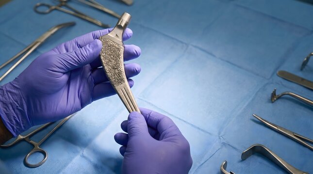 Surgeon hands in purple glove holding hip implant prosthesis, medical instrument and surgical tool macro industrial detail,medical background,textured background