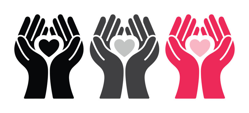 Heart in hands vector icon set in black grey and red showing cupped hands holding heart shapes for healthcare services, nonprofit donation concepts, compassion care, volunteering support, and modern 