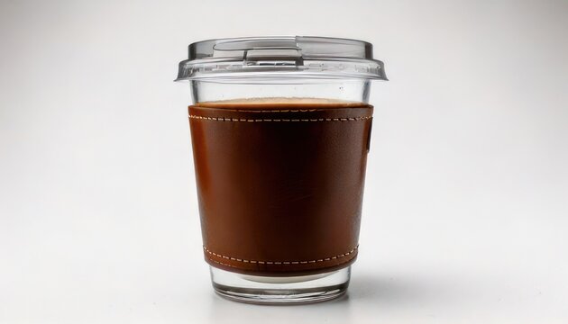 Coffee in a Clear Glass with Brown Sleeve and Lid.