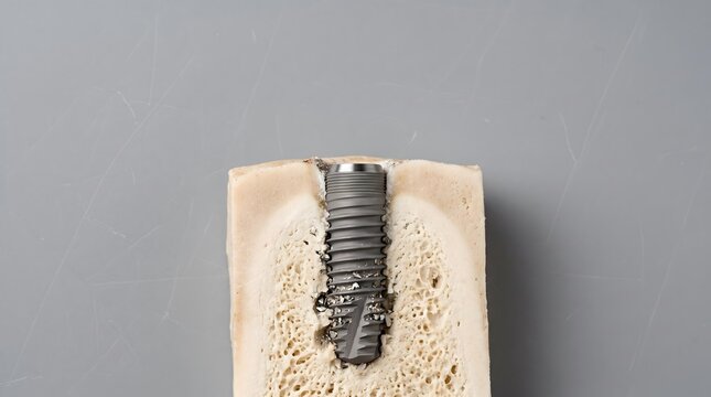 Dental implant inside bone, prosthetics and oral surgery macro industrial detail,medical background,textured background