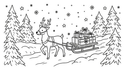 Obraz premium Cartoon horse pulling wooden wagon in snowy landscape with pine trees