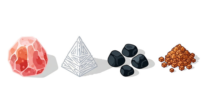 Set of different minerals and crystals, including pink salt, white quartz pyramid, black coal, and brown sugar cubes