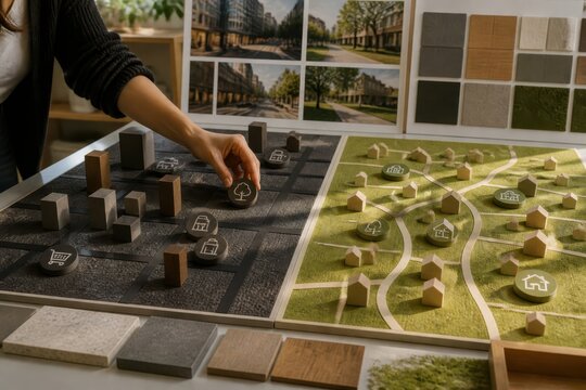 Architectural scale model of urban development with landscape planning and miniature buildings for real estate presentation