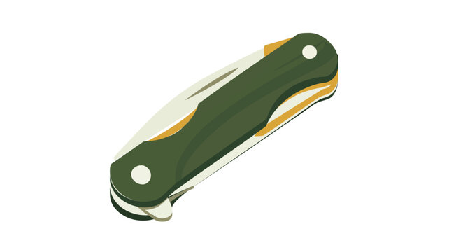 Folding pocket knife vector icon illustration for men's lifestyle and accessories, featuring a green handle and metallic utility blade, isolated on a white background for outdoor gear design.