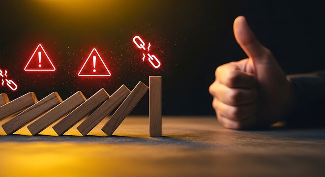 Wooden blocks halting a domino effect with glowing neon warning icons as a professional hand signals success in a dark studio. Ideal for financial risk assessment marketing.