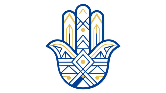 Hand of Miriam spiritual amulet in deep blue and gold. Stylized linear talisman for cosmic protection and good fortune. Symmetric guardian emblem for mystical and cultural art applications.
