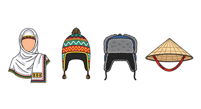 Set of traditional headwear from different cultures including a hijab, a colorful knitted chullo hat, a fur ushanka, and a conical asian hat
