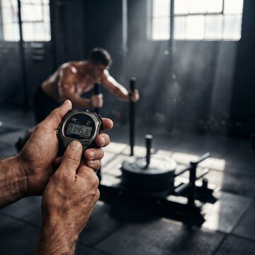 Gym training with stopwatch and weighted sled in dimly lit gym, weight sled