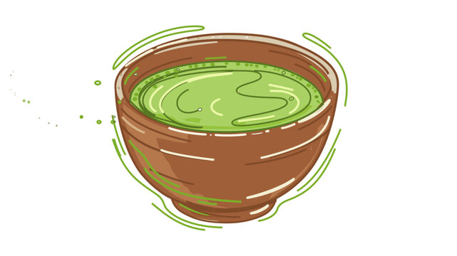 Linear chawan icon depicting whisked green tea for zen practice; a modern matcha bowl vector illustration with flexible line widths and an editable outline for healthy lifestyle designs.