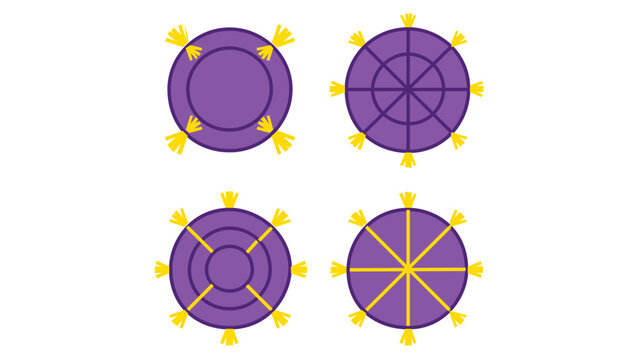 Colorful purple meditation cushion vector icon set, Zen zafu pillows with yellow tassels for yoga and mindfulness, editable stroke, adjustable stroke, customizable, stroke weight, line weight, thin