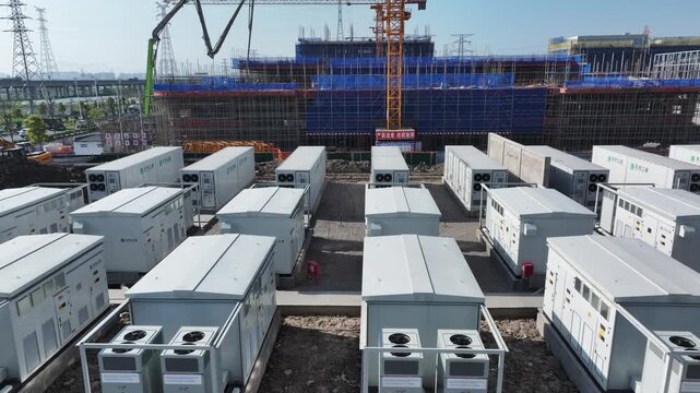 rows of industrial equipment boxes arranged neatly at a construction site