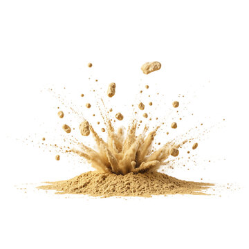 Powder explosion splash dynamic burst of tan sand or spice powder on a transparent background for graphic design