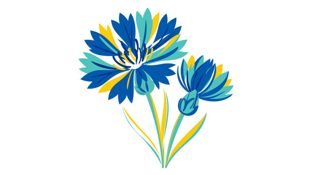 Vibrant Wild Blue Cornflower Vector Illustration, a creative and colorful line art icon featuring stylized blue, teal, and yellow petals on a white background, ideal for botanical floral designs.
