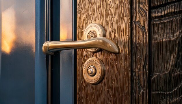 Close-up of a wooden door with a brass handle.