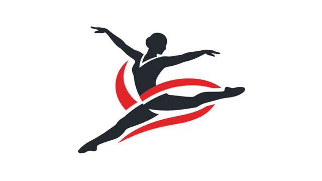 Vector icon illustration of a graceful ballerina silhouette performing a grand jet&eacute; leap with a dynamic red ribbon swirl, symbolizing elegance, movement, and artistic expression in ballet dance.