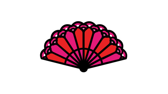 Scarlet and rose handheld folding fan vector, traditional Hispanic flamenco prop illustration, cultural accessory for stage performers and folk dance, vibrant decorative cooling tool design.