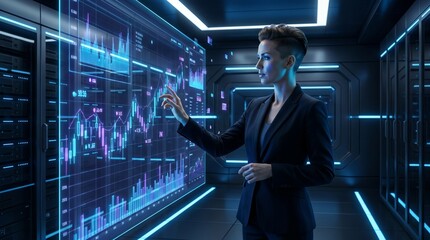 Fototapeta premium Woman analyzing digital financial data on futuristic interactive display