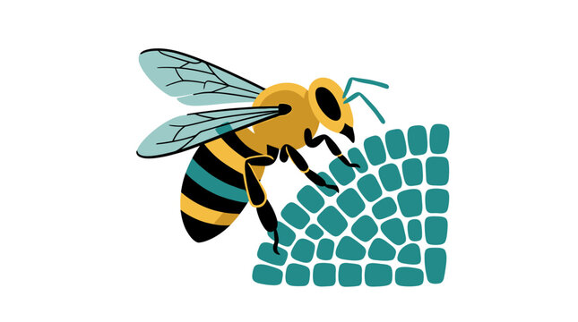 Close-up of Honey Bee Pollinating on Turquoise Hexagonal Honeycomb Pattern Background