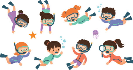 Snorkeling kids cartoon character set with cute diverse children swimming underwater wearing masks snorkels and flippers exploring sea life with jellyfish and starfish vector illustration © MdMahfizur