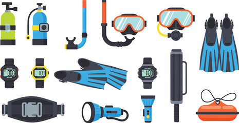 Scuba diving equipment flat vector icon set featuring oxygen tanks masks snorkels flippers dive watches torches and weight belts for underwater marine sports © MdMahfizur