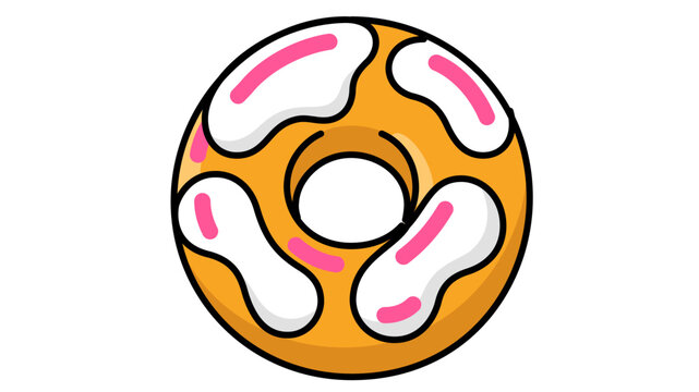 Tempting ring pastry with rosy jimmies and snowy fondant topping. A versatile vector symbol for donut shops featuring modifiable path widths and customizable graphic line weights.