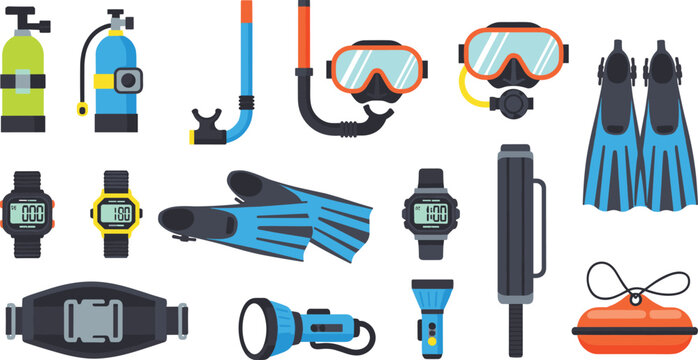 Scuba diving equipment flat vector icon set featuring oxygen tanks masks snorkels flippers dive watches torches and weight belts for underwater marine sports
