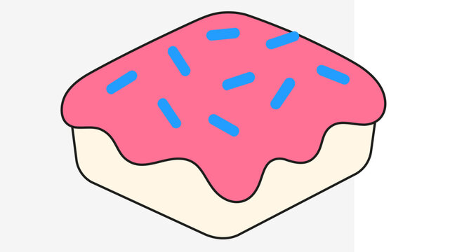 Glazed breakfast biscuit icon with rose-colored frosting and sapphire jimmies. Versatile vector art with modifiable line width and thin stroke paths for snack food advertisements.