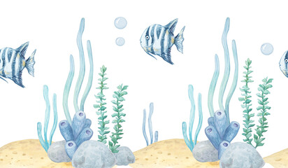 Watercolor seamless border with tropical fish, seaweed, corals and stones isolated on white background. Hand drawn marine element for underwater theme design, horizontal decor, stationery or print © Mariia