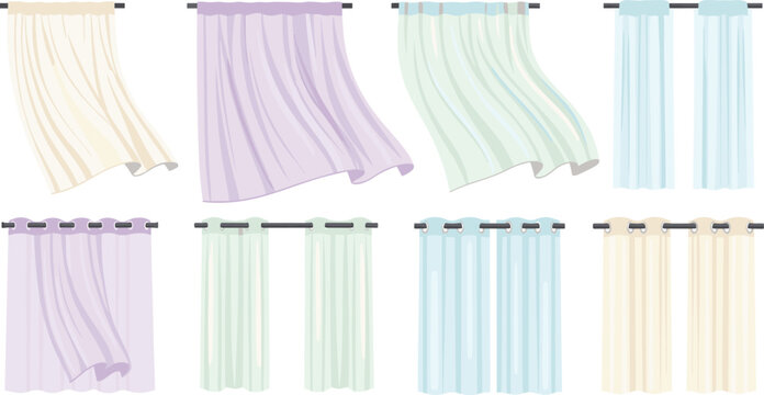 Lightweight sheer window curtains and tulle drapes vector set fluttering in wind pastel colored fabric textiles for bedroom interior design home decoration elements