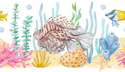 Fototapeta premium Watercolor seamless border with lionfish, tropical fish, seaweed, corals and starfish isolated on white background. Hand drawn marine element for underwater theme design