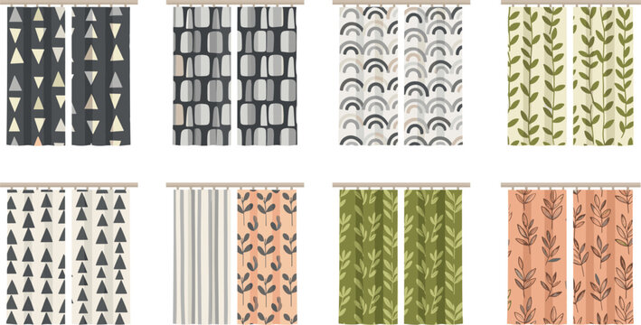 Modern Scandinavian style window curtains set with abstract geometric patterns organic leaves triangles and rainbow shapes for contemporary home interior textile decoration vector illustration