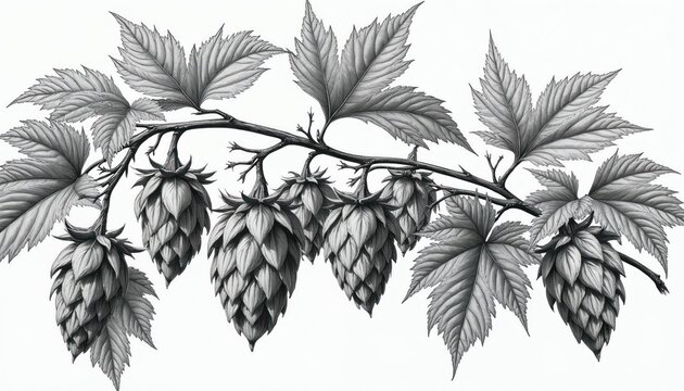 Detailed vintage illustration of hops on vine with leaves and cones. Monochrome drawing shows botanical detail of plant growth and natural form, suitable for brewing and rustic designs.