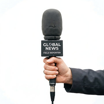 Hand holding a microphone labeled Global News field reporter  