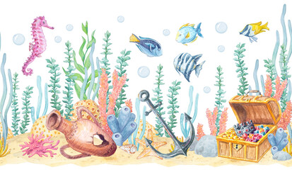 Fototapeta premium Seahorses, tropical fish, anchor, seaweed and corals forming a Red Sea inspired watercolor seamless border isolated. Hand drawn marine element for nautical theme design.