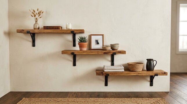 Rustic wooden floating shelves mounted on wall in minimalist interior setting with natural home decor items like ceramic pots books and plants for aesthetic storage.