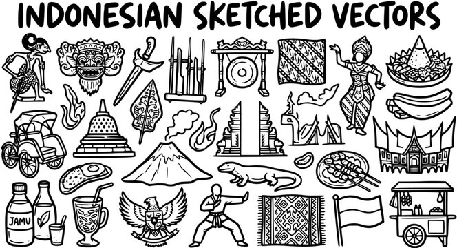 Hand-drawn Black and White Sketched Indonesian Culture Icons. Traditional Travel, Food, and Art Elements Line Art Set.