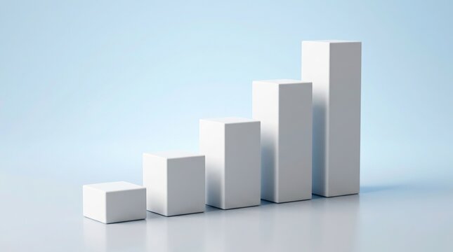 Five white 3d blocks arranged in ascending order on light blue background symbolizing growth and progress.