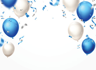 Obraz premium Flying blue and silver balloons, confetti and ribbons birthday celebration banner template background