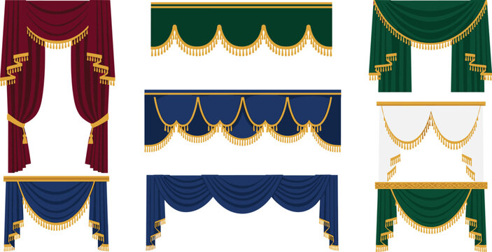 Luxury theater curtains and royal valance drapes vector set with elegant velvet fabric golden fringe tassels for opera stage window interior design decoration elements