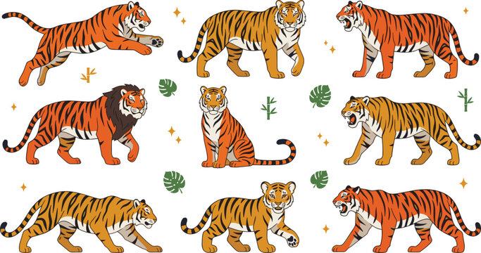 Tiger Vector Collection with Wild Jungle Cats, Walking and Jumping Big Cat Poses, and Wildlife Animal Illustrations for Nature Designs