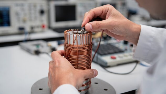 Medium shot of a specialist adjusting an aircore RF coil on a mandrel showcasing finetuning processes in coil fabrication for customizable circuit frequencies.