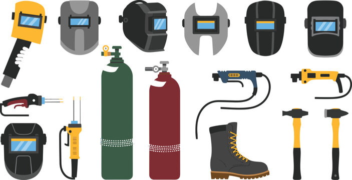 Industrial welding equipment set with protective helmets masks gas cylinders torches angle grinder hammer safety boot tools for professional metalwork manufacturing vector illustration