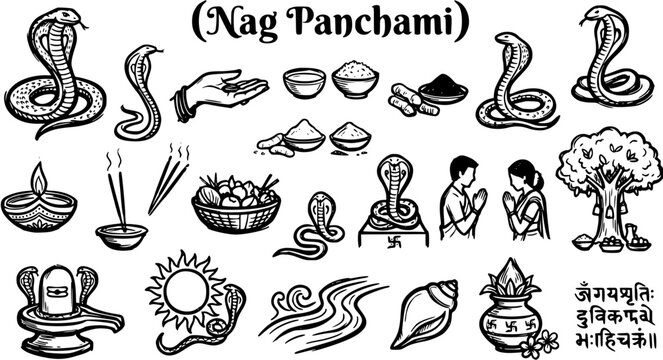 Nag Panchami Hindu Festival Line Art Icon Set: Cobras, Shiva Lingam, Puja Items, and Traditional Spiritual Symbols for Indian Culture.