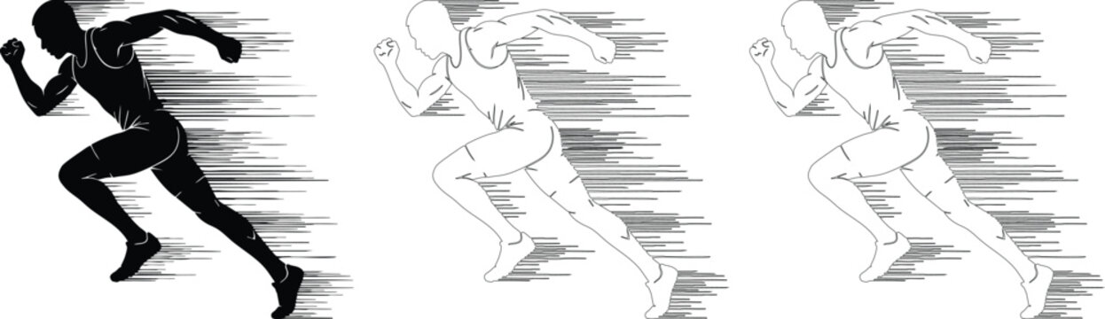 Sprinting male athlete silhouette with motion speed lines depicting fast running performance in various art styles.